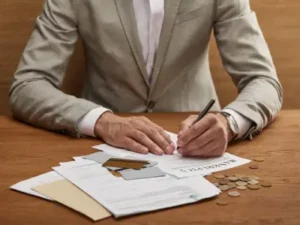 A person in a suit sits at a wooden desk, signing a document labeled "BANKRUPTCY POLICY." Scattered on the desk are stacks of coins, several credit cards, and other papers, suggesting financial distress or the process of filing for bankruptcy.